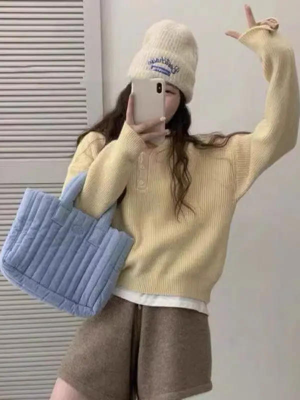 Blue Hooded Knitted Sweater Women's Base Layer Top Lazy Sle Autumn Winter New Arrival Korean Version High End Feeling