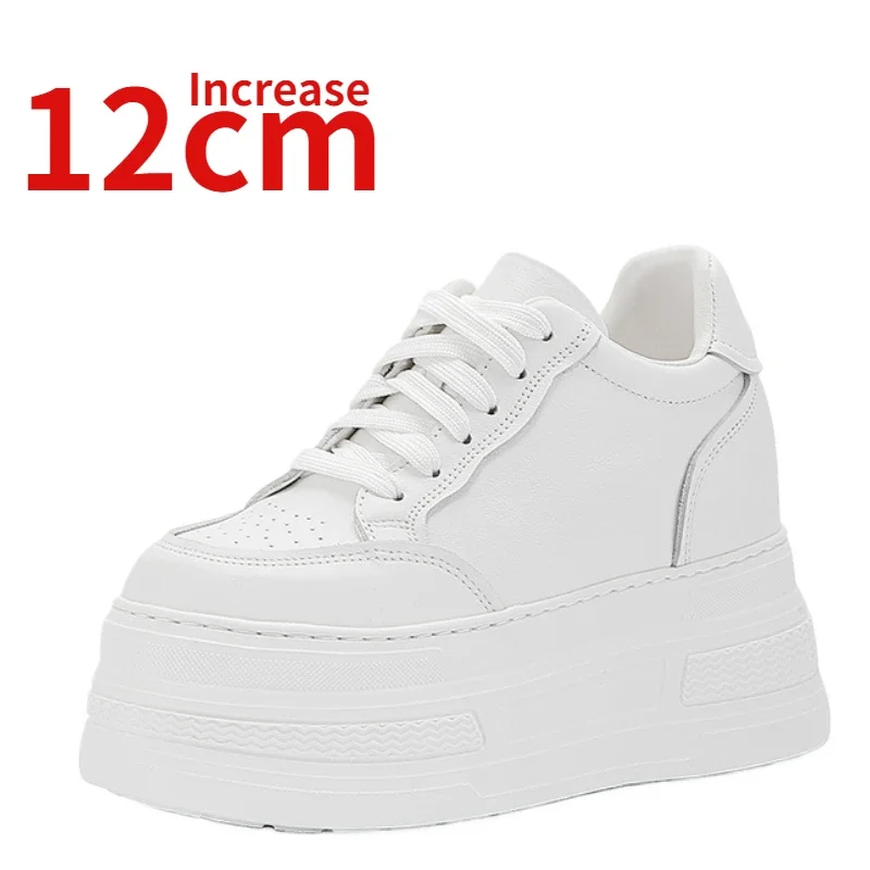 Genuine Leather White Casual Board Shoes for Women's Invisible Increased 14cm Ultra Light Thick Platform Fashion Elevated Shoes