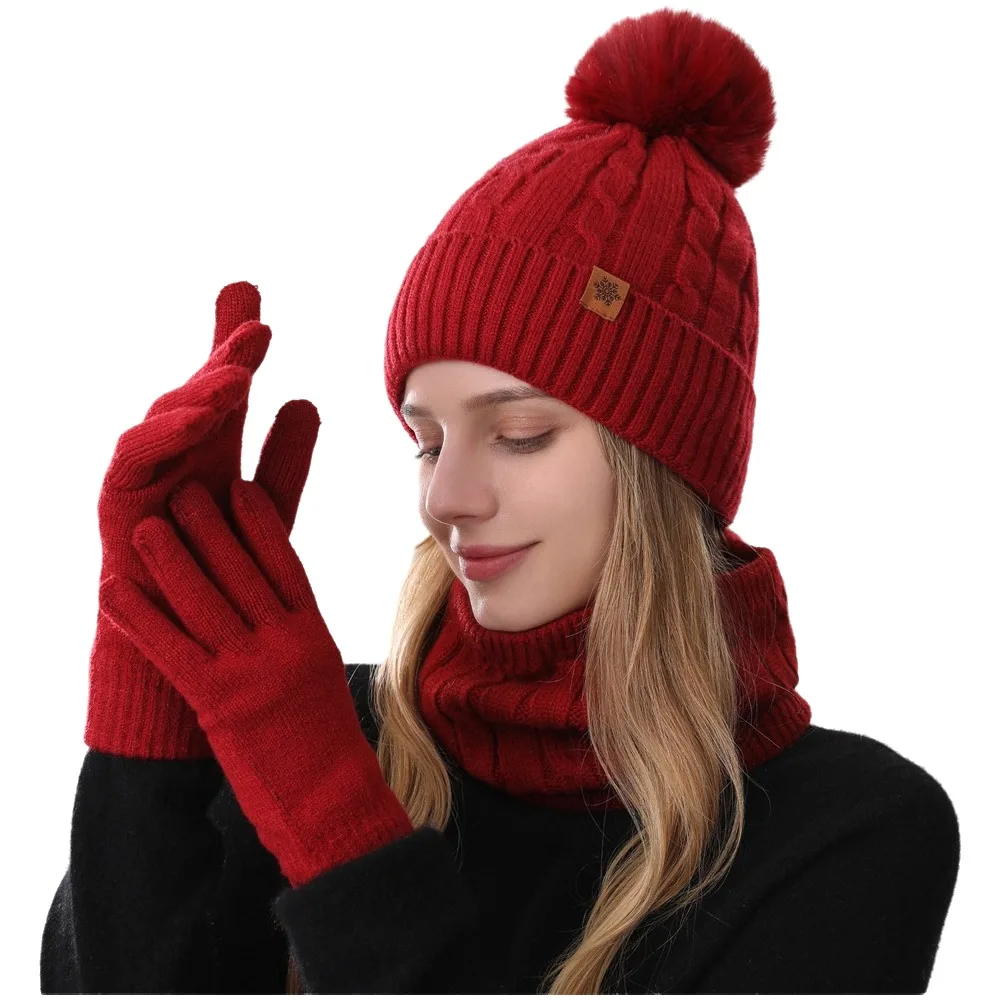 3Pcs/Set Warm Winter Hat Scarf Gloves Set Lining Windproof Knit Beanie Snood Set Thicken Soft Touchscreen Gloves for Men Women