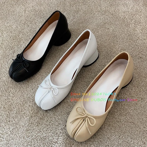 Genuine Leather Split Toe Mary Janes Shoes Women Round Toe Bowknot Chunky Heel Slip On Shallow Designer Brand Casual Pumps