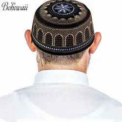 BOHOWAII Kufi muzułmańska czapka modlitewna Indian mężczyźni islamska odzież etniczna arabski haft kapelusze Bonnet Homme Musulman