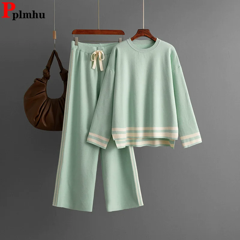 

Осень-зима, новые вязаные комплекты из 2 предметов, женский свитер с круглым вырезом и длинными рукавами, пуловер, топы, Conjuntos, прямые брюки с высокой талией, наряд