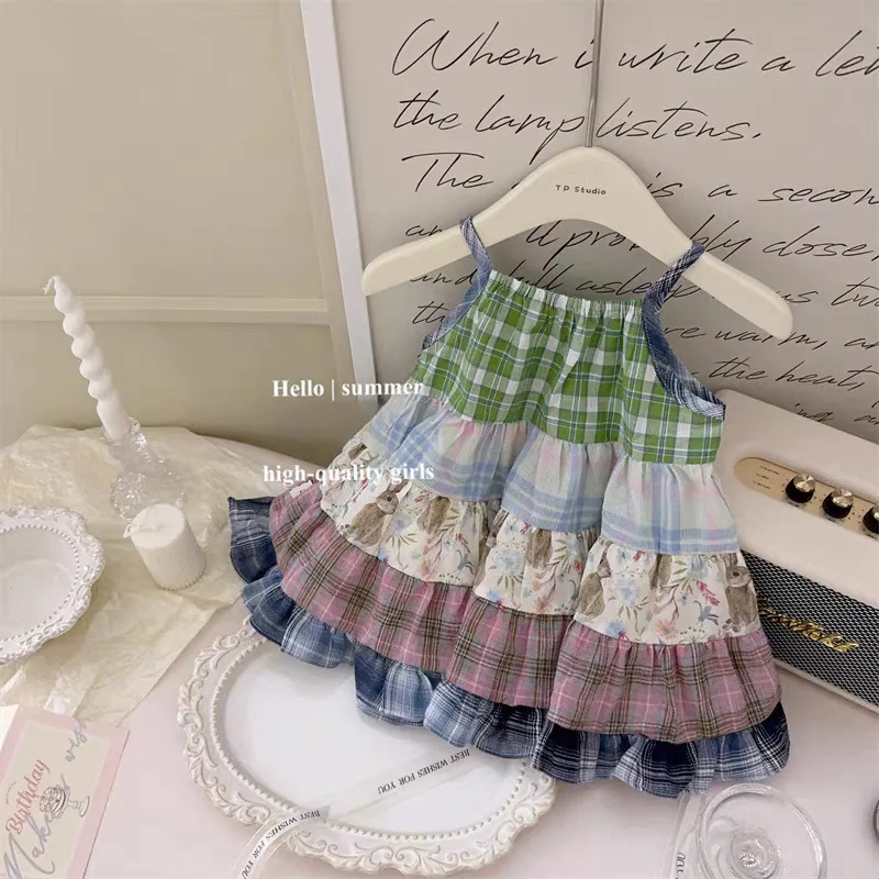 1-10YGirls'  2024 Summer children's slip dress New Korean version  foreign style multi-color plaid patchwork dress  fashion