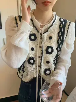 Virkad väst för kvinnor Öppen stickad blommig ärmlös tröja stickad väst Tonårsflicka Boho semesteroutfit 10 best sales Floral vest - №8