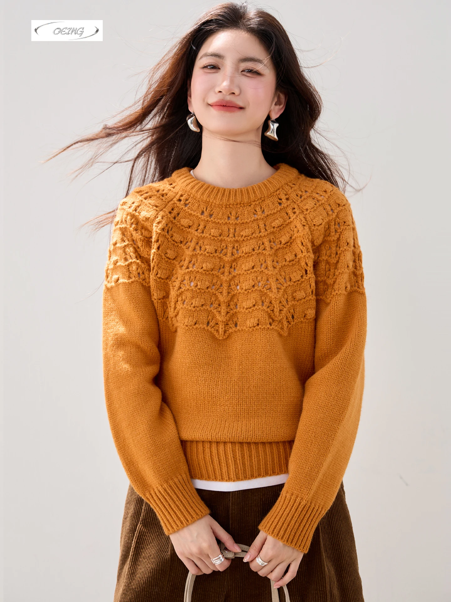 

Women Fashion Korean Style Crochet Knitted Sweater Pullover Autumn Winter Long Sleeve O-neck Basic Loose Knitwear Tops 6088