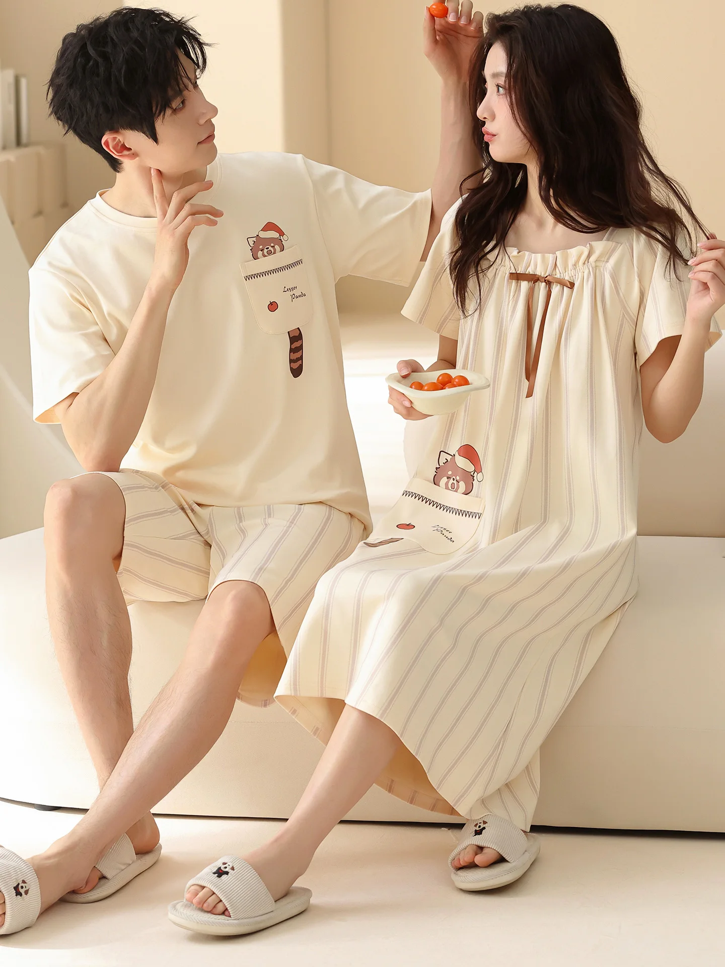 couples-summer-sleepwear-pure-cotton-thin-short-sleeve-home-clothes-set-cartoon-cute-style-breathable-soft-round-neck-design
