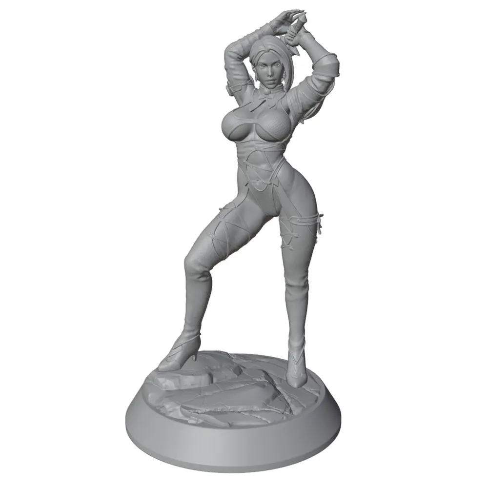 Sexy Mädchenfigur im Maßstab 1:24 mit Schwertern, Miniatur-Harzstatue, 75 mm handgefertigtes Modellbausatz, 3D-gedruckt, unbemalt, erfordert Handbemalung, Harzmodell im künstlerischen Stil handbemalt,