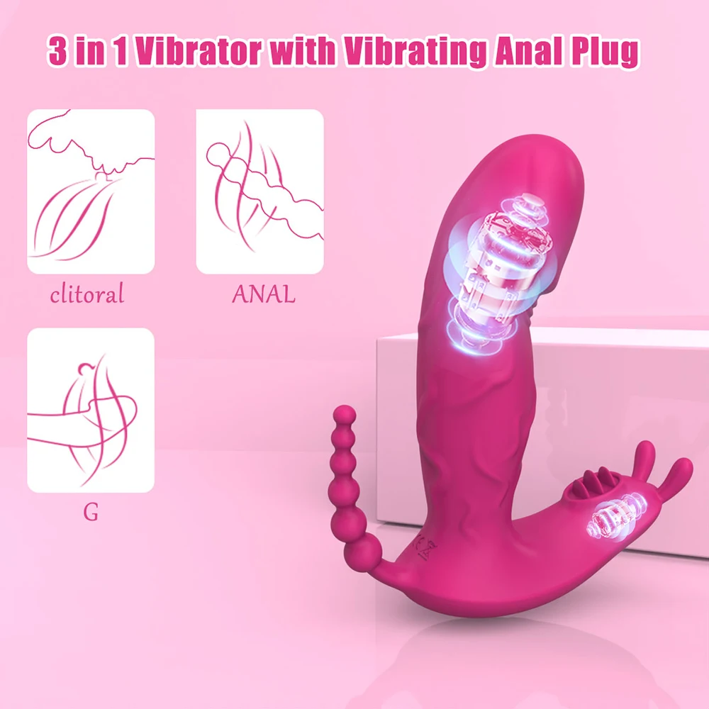 Aplikasi Vibrator kontrol nirkabel untuk wanita dapat dipakai 3 in 1 Dildo G Spot Stimulator klitoris vagina pemijat Anal mainan seks untuk dewasa