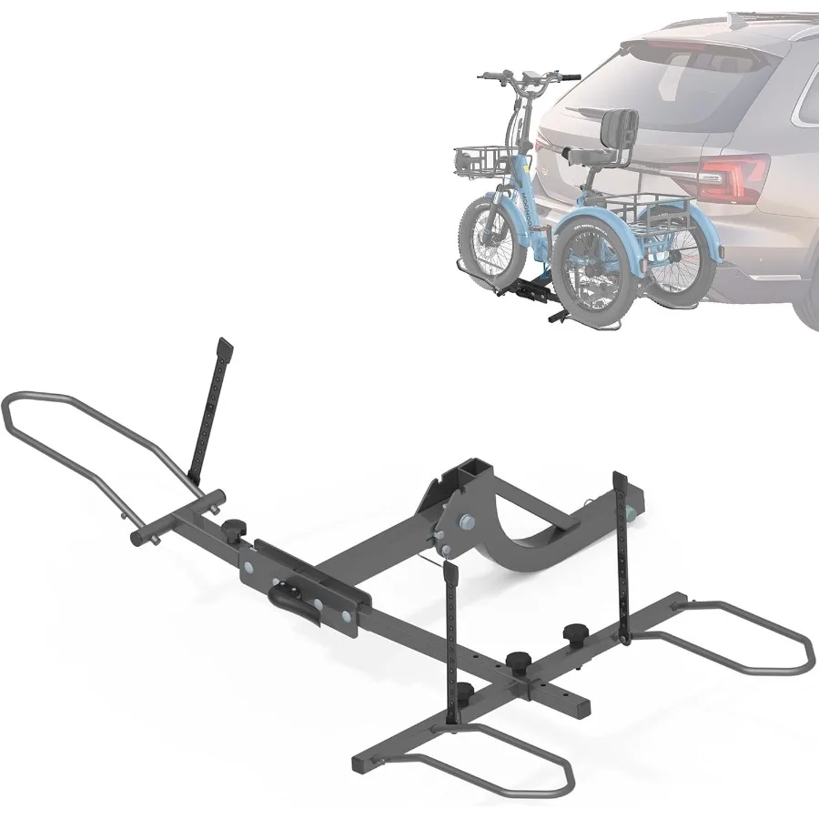 

Heavy-duty foldable trike hitch rack designed for SUVs trucks and RVs featuring a rear platform carrier that securely holds 3-w