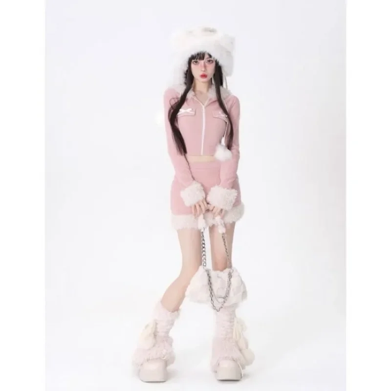 Sweet Pink Rabbit Ear Hoodie Llong Sleeve Zipper Tops Women+ Y2k High Waist Slim Fit Bodycon Skirts 2024 Nowe zestawy dwuczęściowe