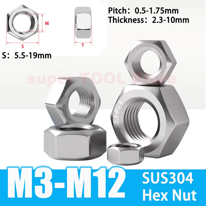 

10/20/50/100Pcs 304 Stainless Steel Hex Nut M3 M4 M5 M6 M8 M10 M12 Hexagonal Thread Fastener Hardware