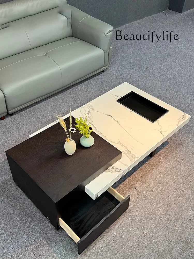 Minimalist Light Luxury Stone Plate Coffee Table Solid Wood with Storage Retractable Tea Table Modern Minimalist High Sense