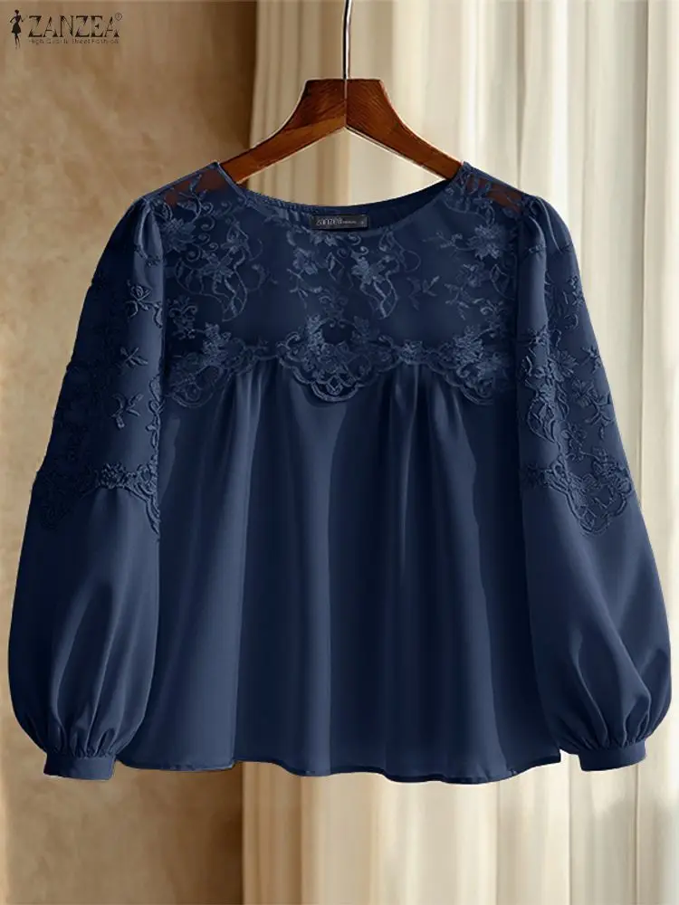 Koszule Jesienne ZANZEA Elegancka Bluzka Koronkowa Damska Patchworkowa Casualowa Moda 2025 Tunika z Falbankami Długi Rękaw Vintage Bluzki Damskie