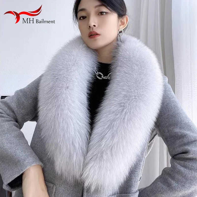 Quality Natural Fox Fur Collar Winter Hood Trims Decor Shawl Women Warm 100% Furry Scarf Big Size Shawl Luxury Female Scarves