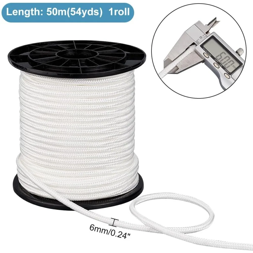 54 Yards 6mm Nylon Rope Parachute Cord White para Cord Blinds String Braided Lift Shade Cord Plant Cord for Camping Clothsline