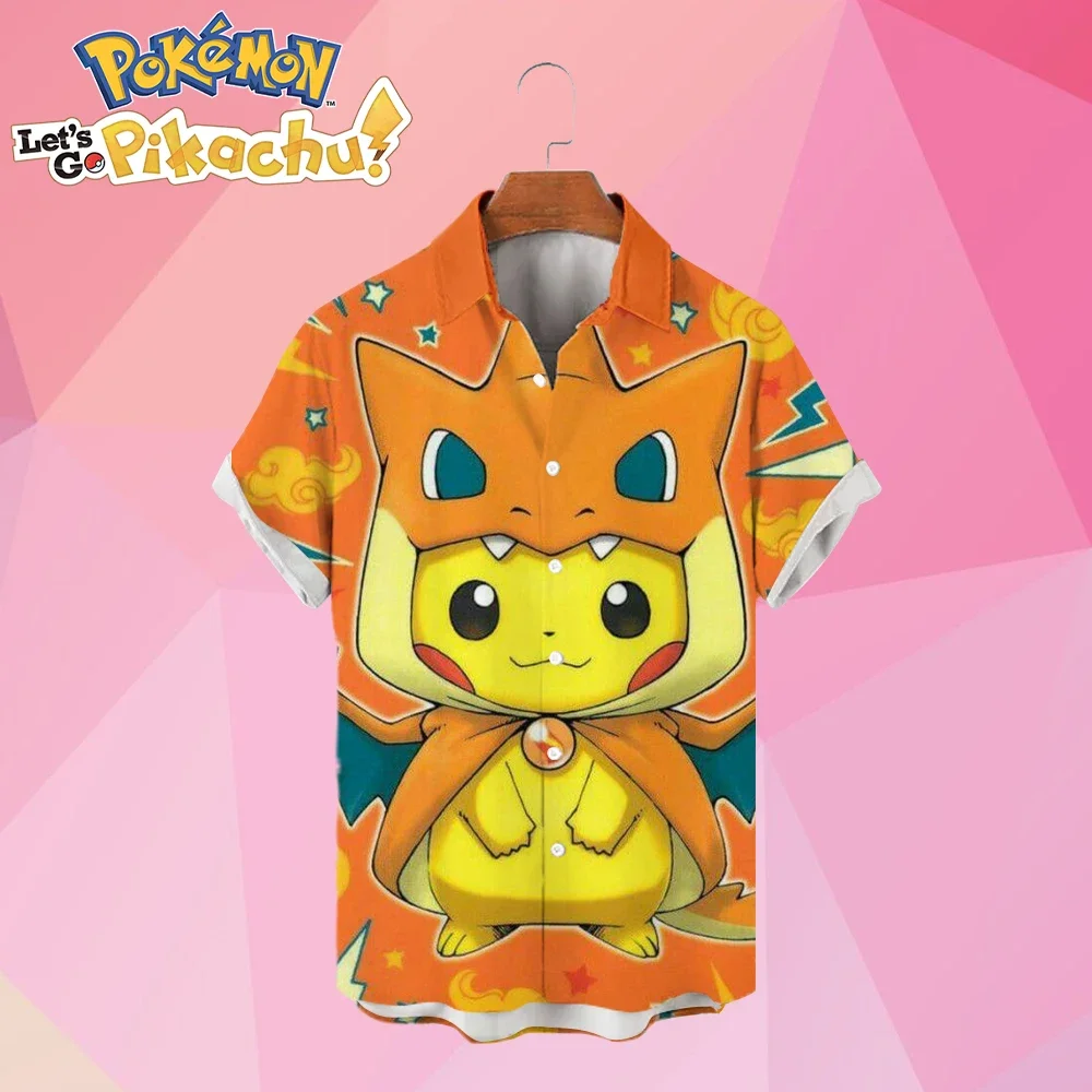 Men\'s Shirts Pokémon Pikachu HD Print Summer Cartoon Streetwear Hawaiian Shirt Cute 2023 Anime Harajuku Y2k Oversized S-5XL New