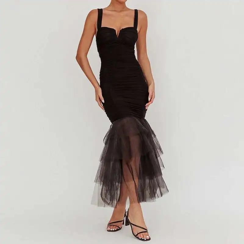 Sexy Off Shoulder Slim A-Line Elegant Solid Color Sleeveless Suspender Prom Dresses Mesh Patchwork Wrap Women's Long Dress