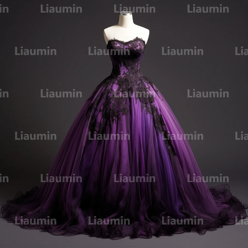 Purple Tulle And Black Lace Strapless Evening Dress Prom Gowns A Line Full Length Formal Brithday Party Skirt Lace Up Back A2-3