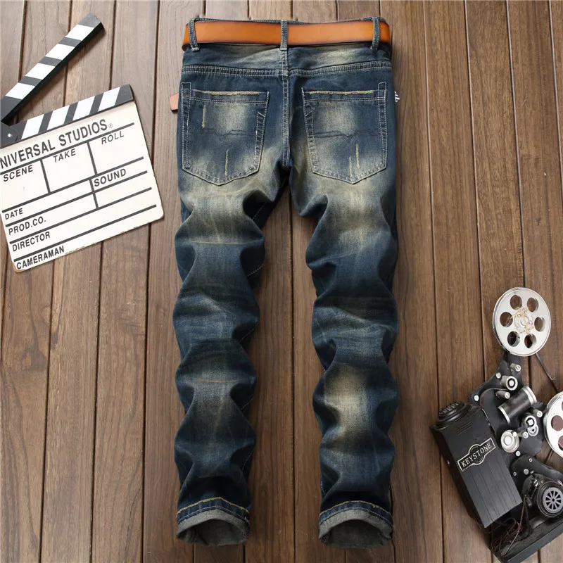 Retro Blue Ripped Denim Jeans Men Destroyed Tiger Embroidery Punk Cotton Casual Hole Ruined Denim Trousers For Male Fashion Long