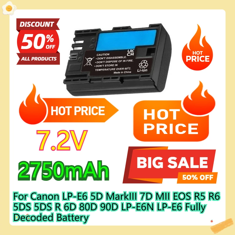 

For Canon LP-E6 5D MarkIII 7D MII EOS R5 R6 5DS 5DS R 6D 6D 80D 90D LP-E6N LP-E6 Fully Decoded Battery 2800mAh