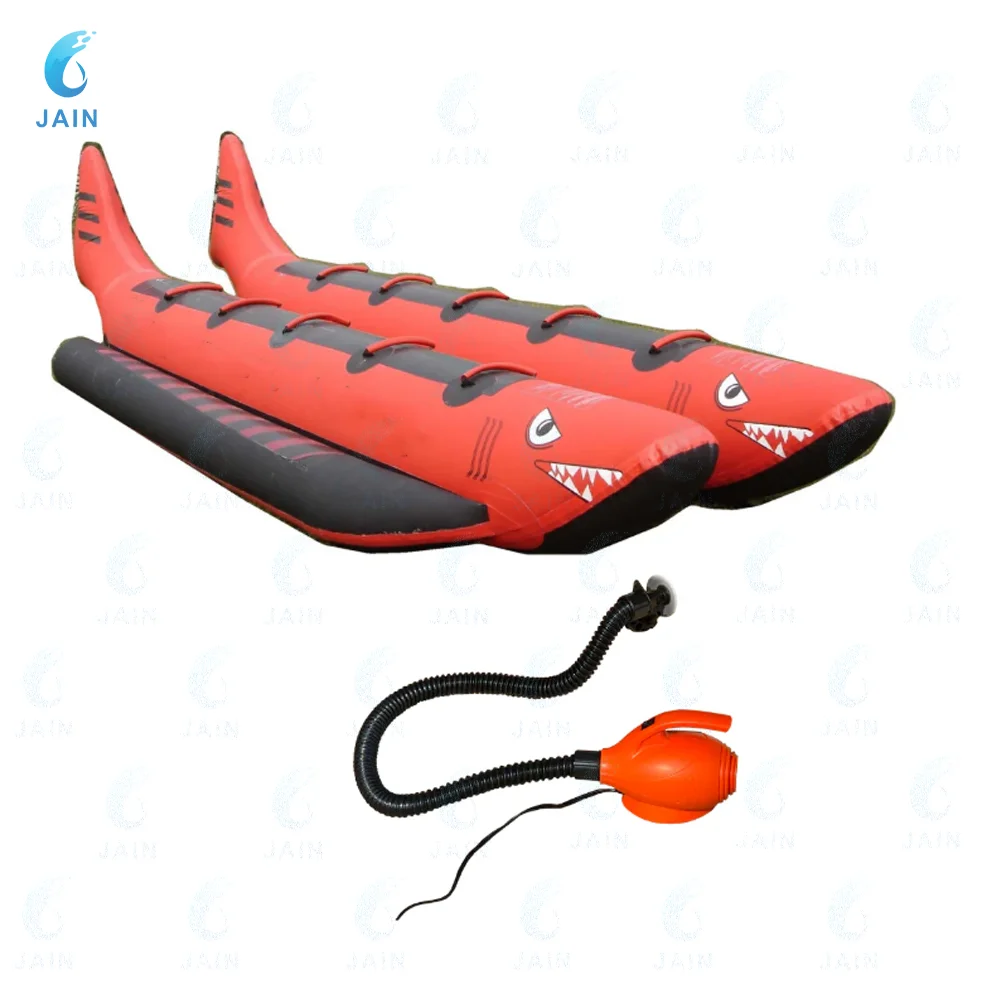 10-Player Red Shark Inflatable Flying Fish Banana Boat - Heavy-Duty Towable Water Game for Group Water Sports