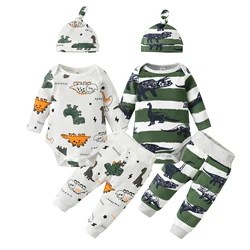 3PCS Baby Boy Clothes Set Dinosaur Printed Knitted Long Sleeve Romper Top + infant Pants + Hat Spring Autumn Newborns Outfit