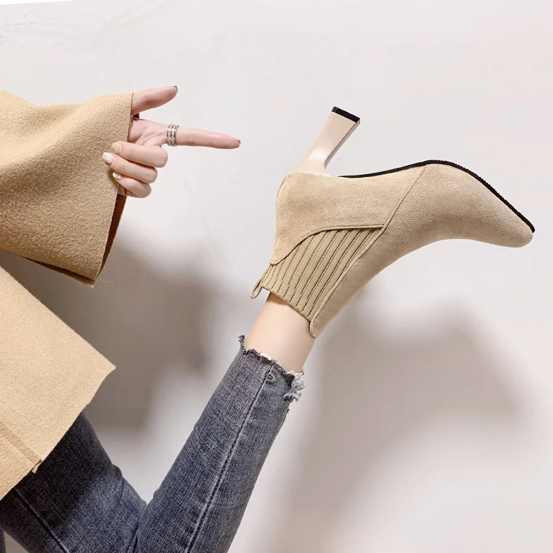 Ankle Boots Women Autumn Pointed Toe Knitted Warm Elastic Women\'s Shoes Shoes Casual High Heels Platform Boots Botas De Mujer