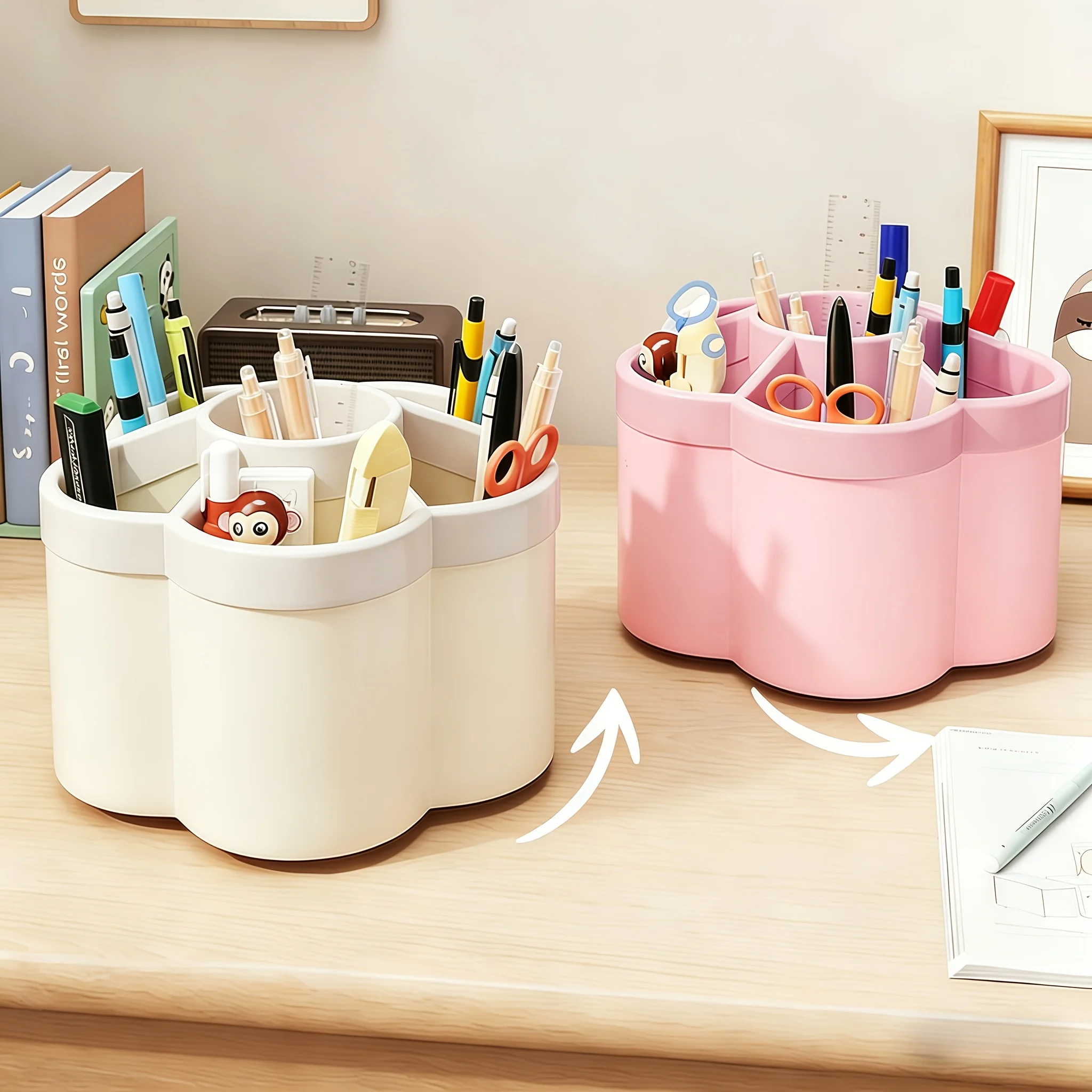 1 Pink Rotatable Pen Holder - 6-Compartment Storage Organizer, 360-Degree Rotating Pencil Cup, Office Supplies Desktop Organizer