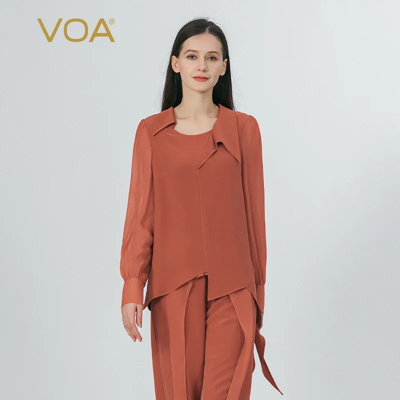 VOA 40 Momme Heavyweight Silk Asymmetrical Tops Womens Georgette Silk Puff Long Sleeves Dovetail T-Shirts Women Clothing BE1223