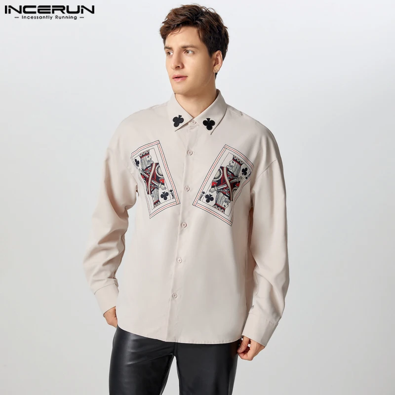 INCERUN Men Handsome Long Sleeve Shirts Poker Printing Loose Chemises 2024 Casual Lapel Collar Elegant Open Up Male Blouses