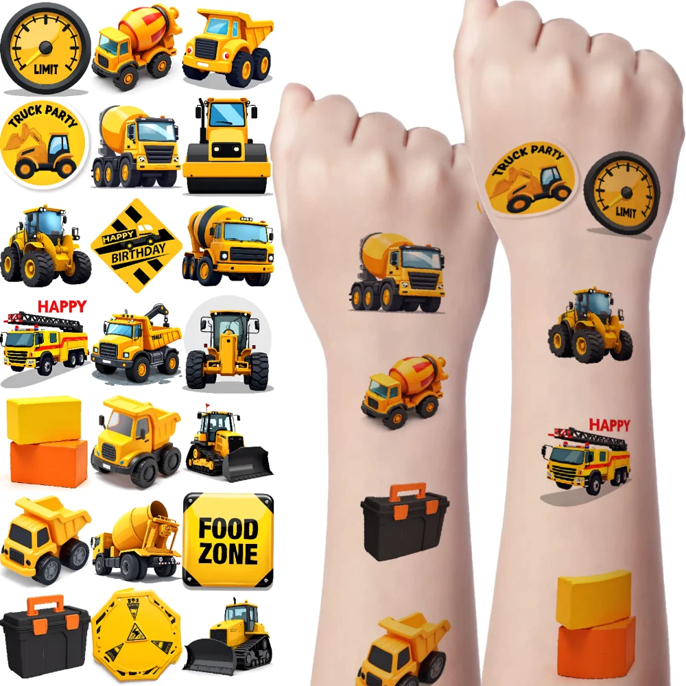 63pcs Temporary Tattoo Construction Vehicles Temporary Tattoo Stickers Warning Signs Cartoon For Cheeks Women Shoulders