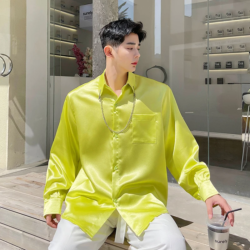 

Bright Color Men's irt Spring Summer Trendy Brand Chain Decoration Glossy Surface Faionable Korean Sle Loose Fit Long S...