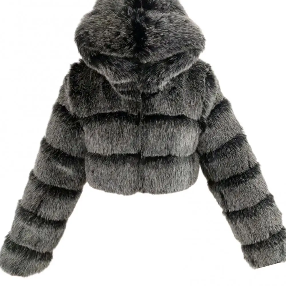 Plus size Women Jacket Fashion Winter Faux Fur Cropped Coat Fluffy Zip Hooded Warm Short Jacket