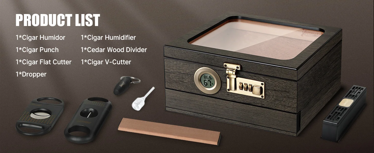 Zigarre-Humidor, Glas-Desktop-Box mit digitalem Thermo-Hygrometer, Luftbefeuchter, Trennwand, Zubehör, Schublade und Zahlenschloss – Detail 5