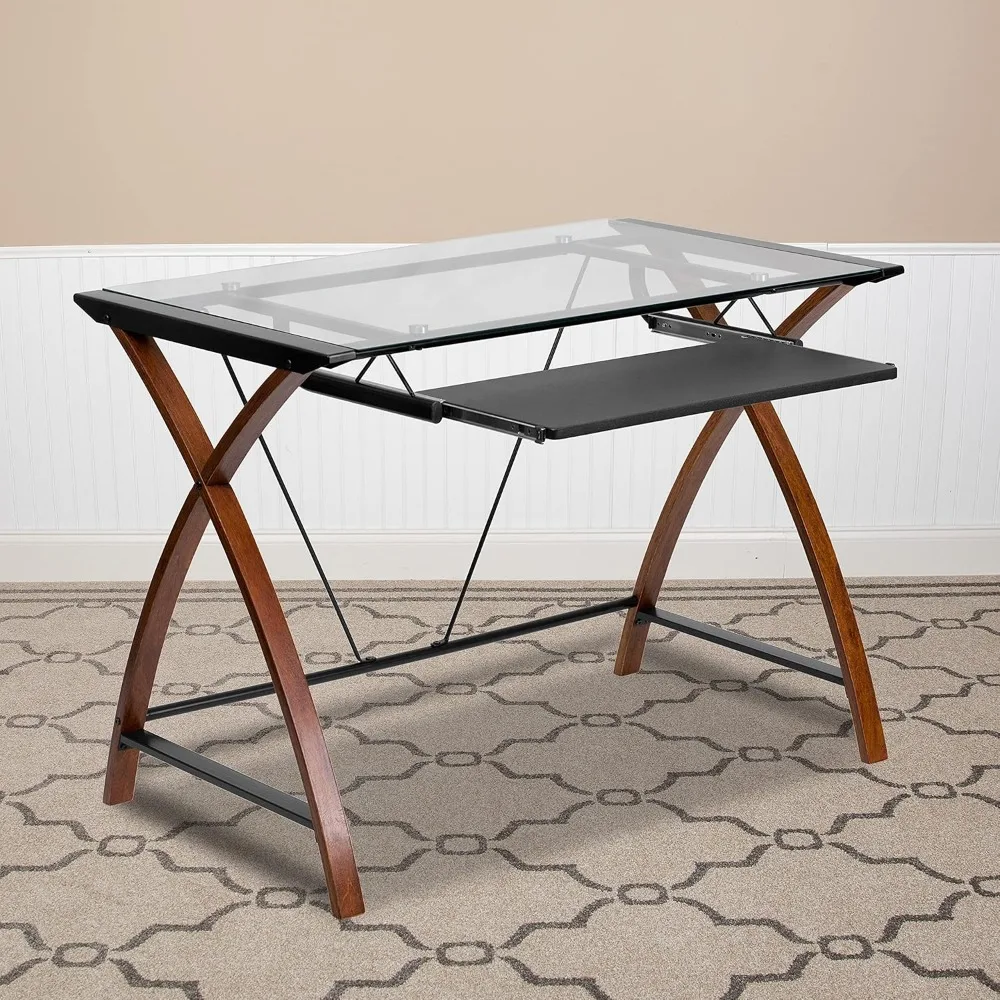 مكتب علوي زجاجي من Flash Furniture Jude مع رف لوحة مفاتيح منزلق، مكتب مكتب منزلي مدمج
