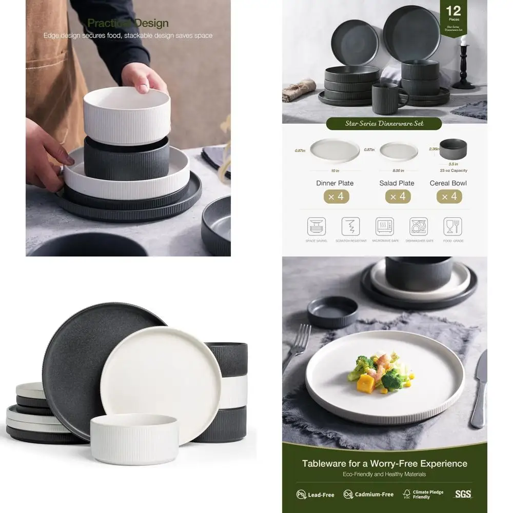 

Набор посуды из 4 предметов: 12-предметный комплект тарелок и мисок из ребристой керамики, прочные, подходят для микроволновой печи и посудомоечной машины, разноцветная матовая отделка