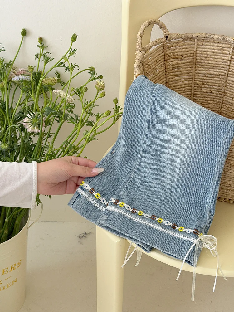 Kids Girls' Jeans Spring Autumn NewChildren's High Waist Slimming Denim Pants Fashion Floral Versatile Denim Trousers 3