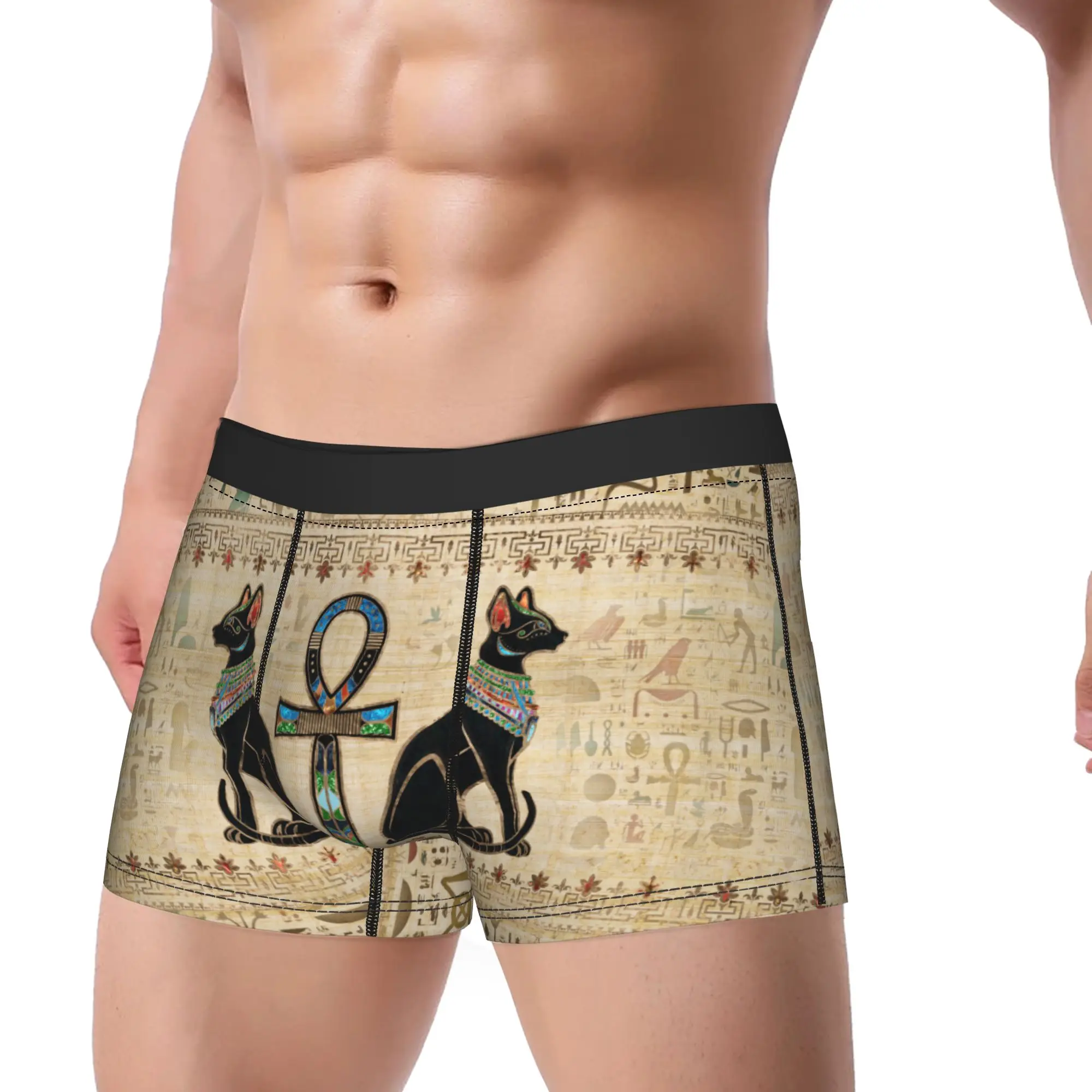 Men Egyptian Cats and Ankh Cross Underwear Ancient Egypt Boxer Briefs Shorts Panties Homme Mid Waist Underpants Plus Size