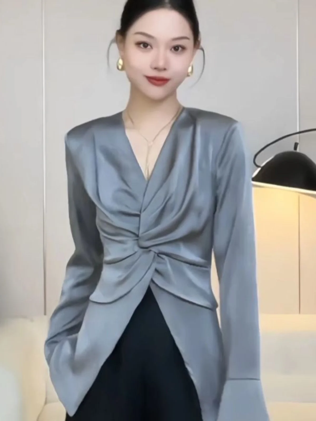 

Ele V-Ne Asymmetric Acetate Satin Women's irt Spring Faion Wrap Waist High Waistline Long Sve Busin Casual Top