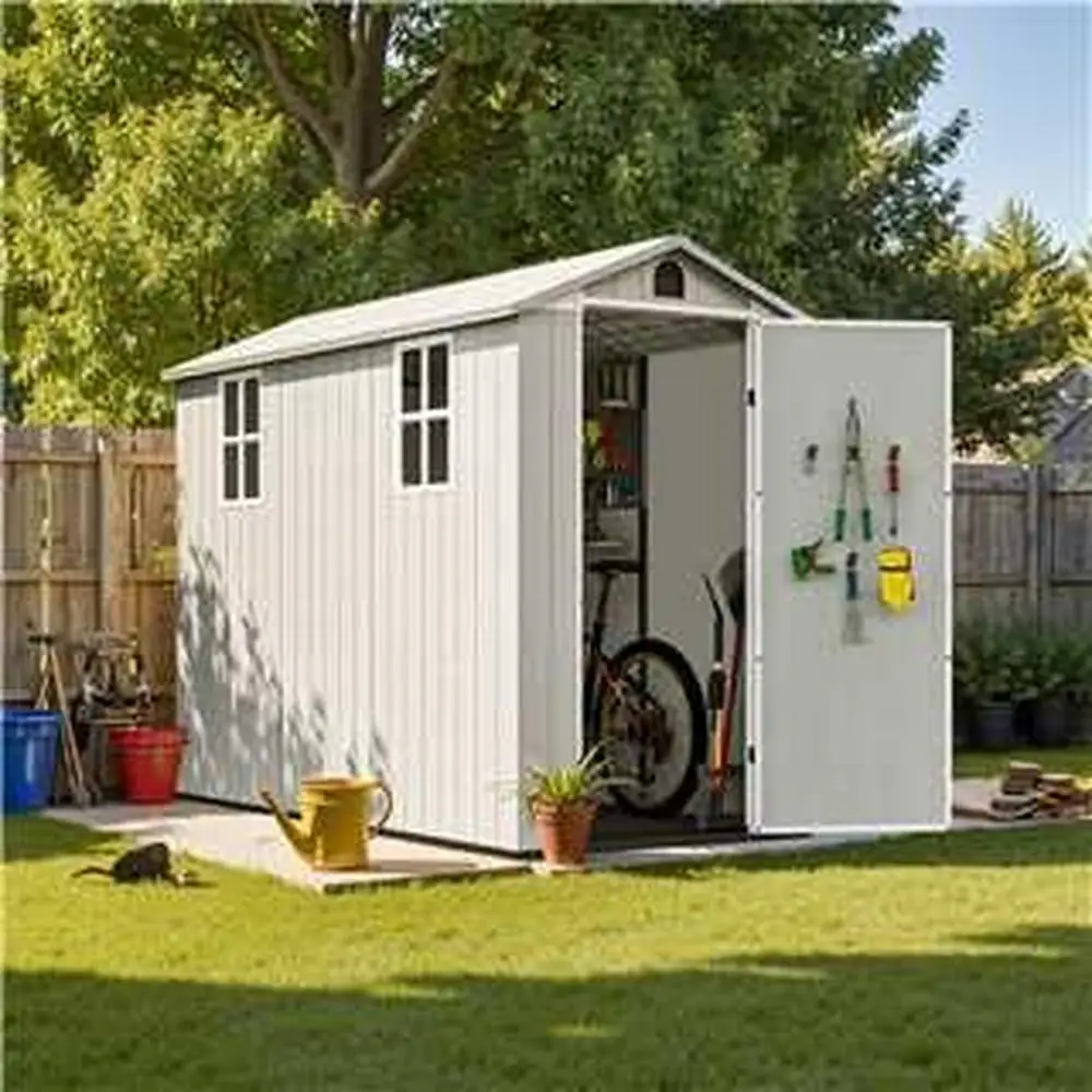 

Outdoor Resin Storage Shed 8x4 FT with Floor Windows Lockable Door Weatherproof & Durable Plastic Garden Storage Box Easy