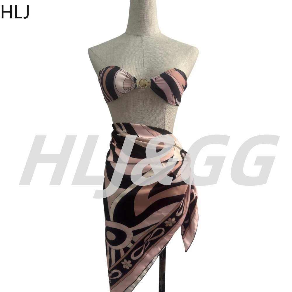 Hlj sexy conjunto de biquíni feminino banho impressão metal tanga biquini beachwear moda sem mangas sem costas magro banho beachwear 2025