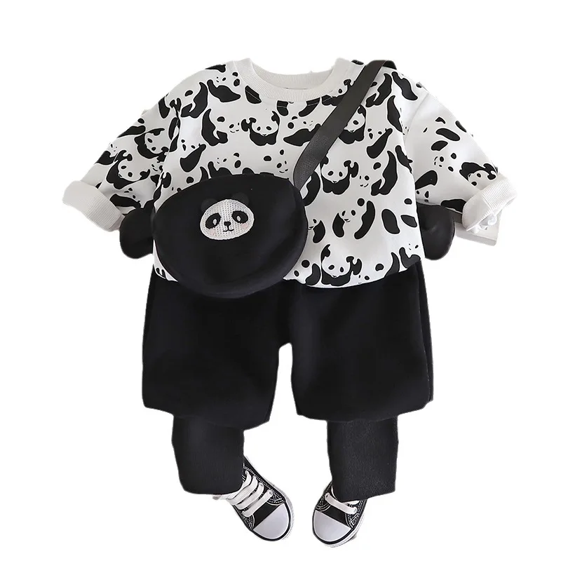 

2023 Autumn New Children's Suit Cute Boys and Girls Casual Panda Pattern Sports Pullover Black Pants Panda Bag Three-piece Set