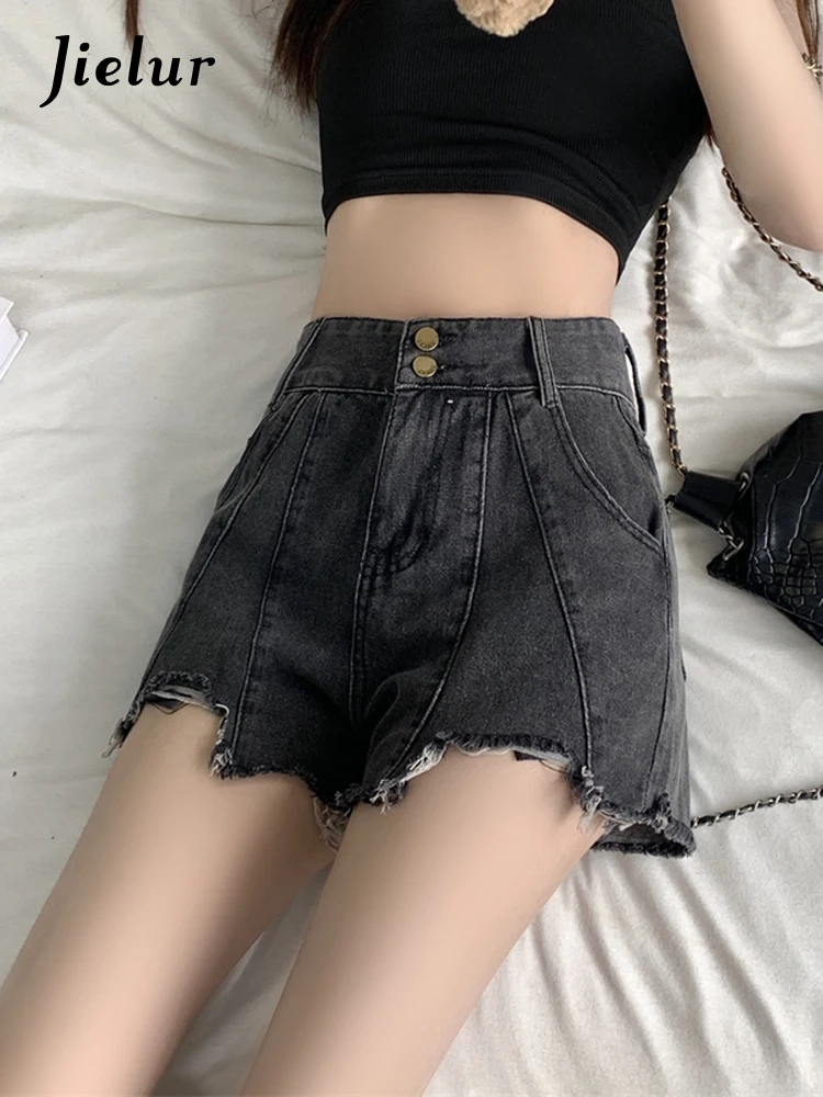 Jielur Summer New High Waist Chic Denim Women Jeans Blue Black Slim Loose A-line Shorts Solid Color Fashion Light Jeans Female