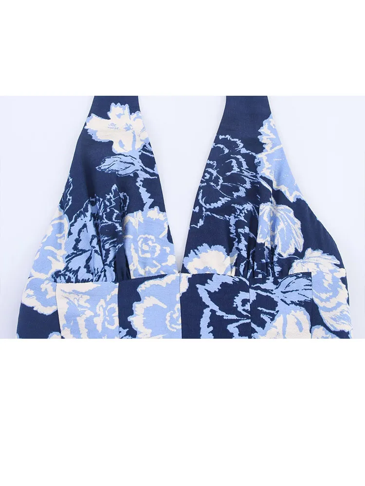 HH Women Blue Print Neck Halter Zipper Elegant Slim Party Dress 2025 Woman V-Neck Sleeveless Backless Sexy Midi Dress