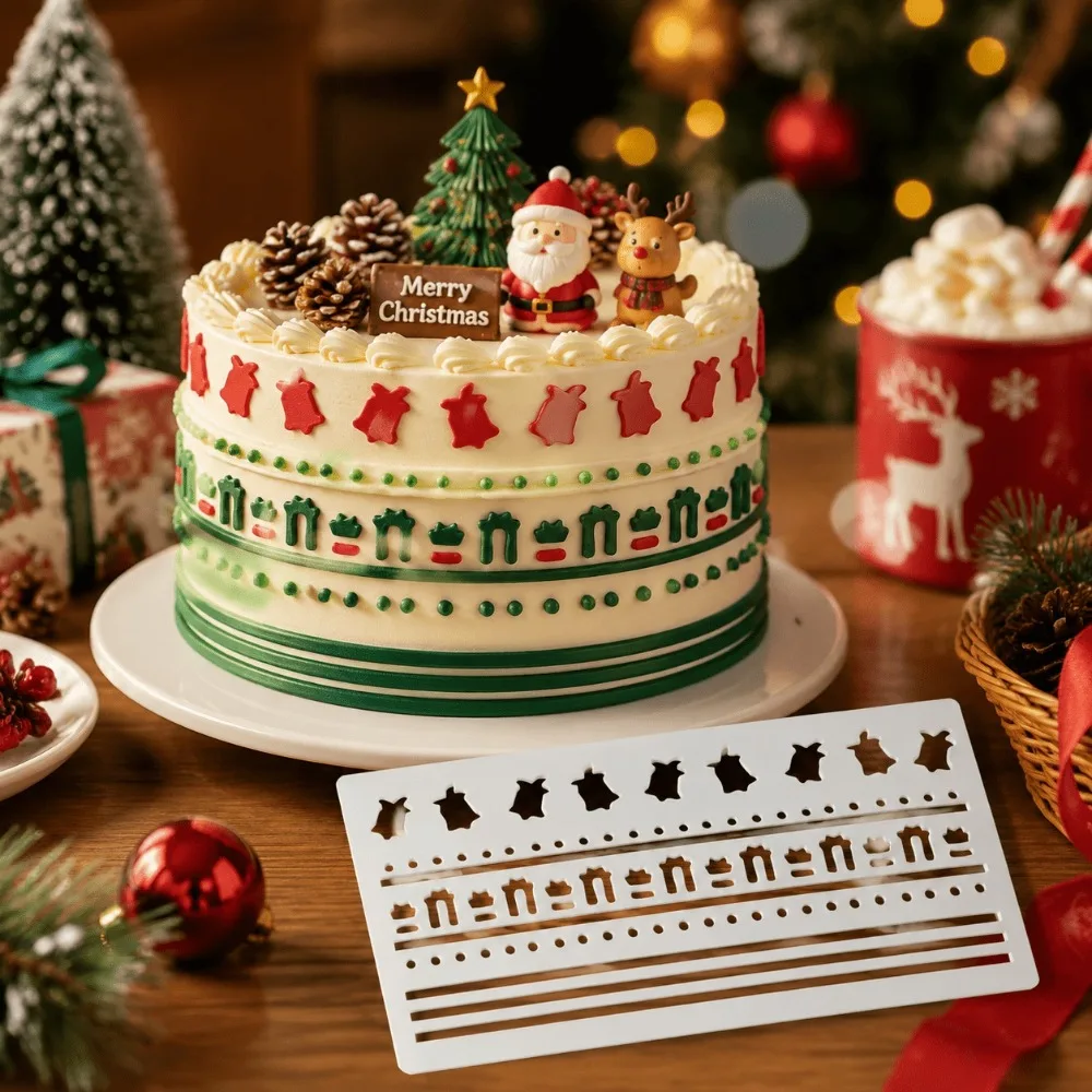 PET Hollow Christmas Bell Gift Box Border Cake Stencil, Food‑Grade Template For Frosting Festival Cake Decoration