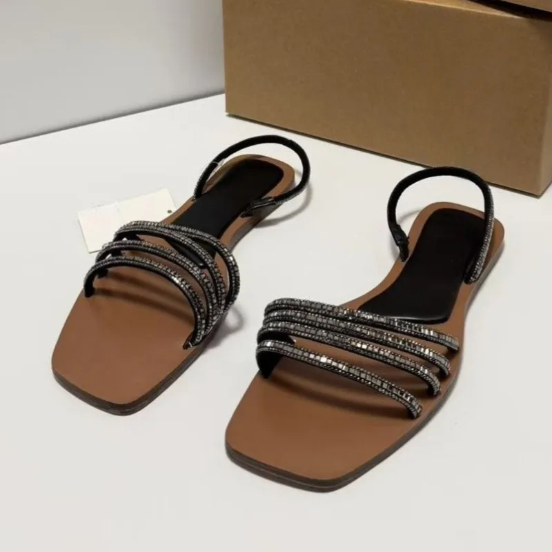 

2026 Summer Flat Sandals for Women Shiny Rhinestones Strap Square Toe Casual Back Strap Fashion Comfortable Ladies Beach Shoes
