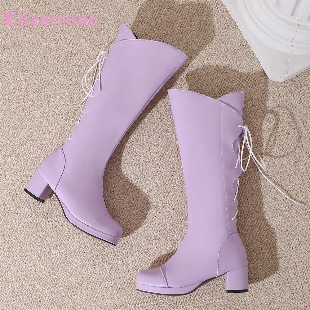  New Winter Comfortable Purple White Women Mid Calf Boots Square Toe Med Heels Lady Shoes Plus Small Big Size 11 30 43 45 50