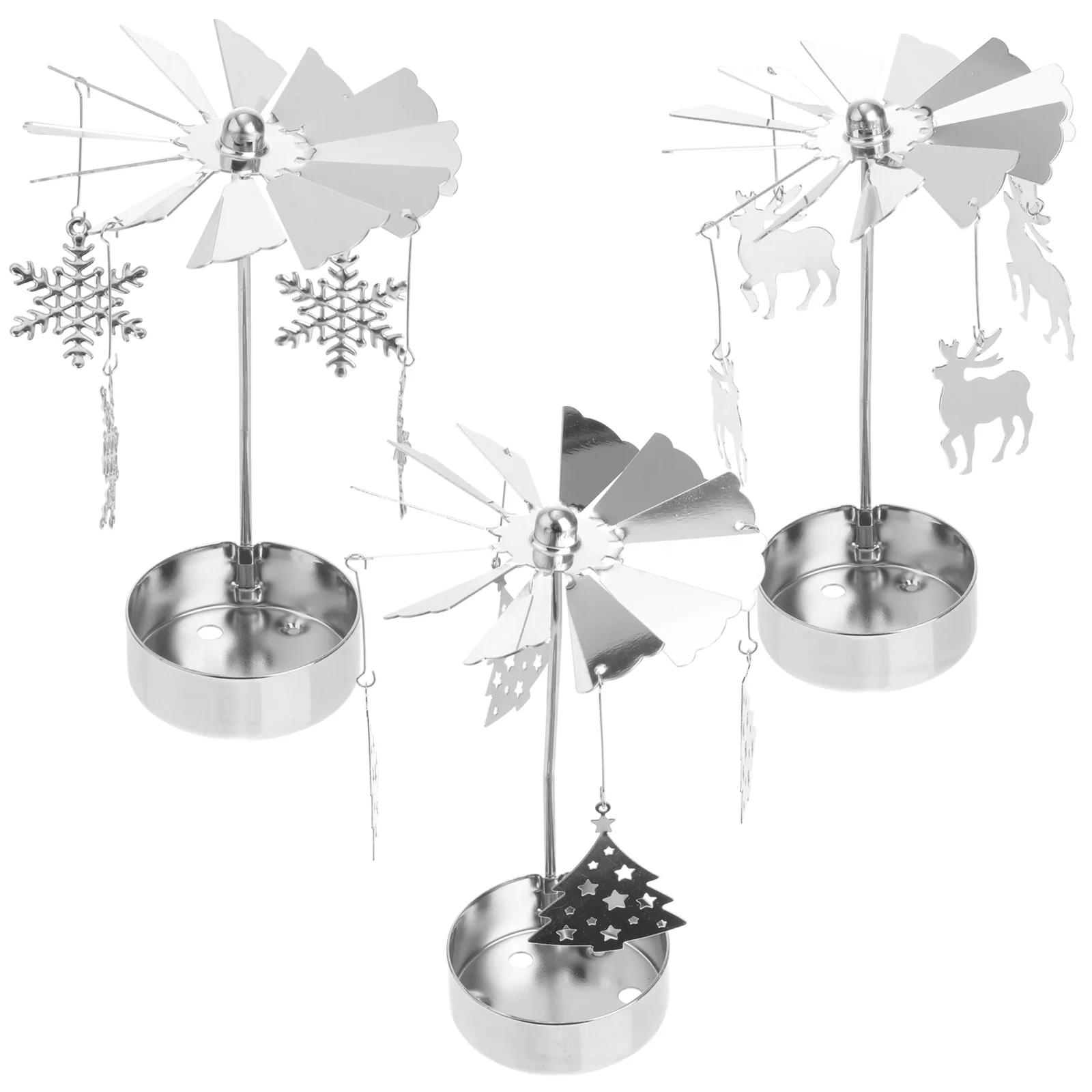 

3pcs Metal Candlestick Rotating Snowflake Spinning Holder Christmas Tea Light Stand Silver Decorative Rotative Tray For