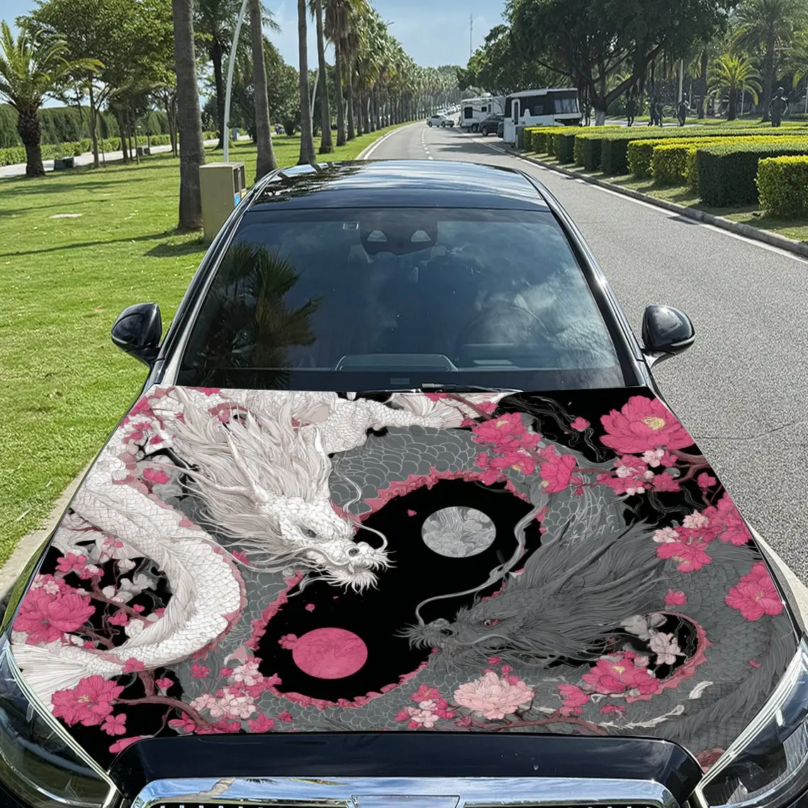 

Cherry Blossoms Embellished Double Dragons Car Vinyl Wrap, PVC Material Waterproof Car Hood Sticker, Self-Adhesive Scratch-Resis