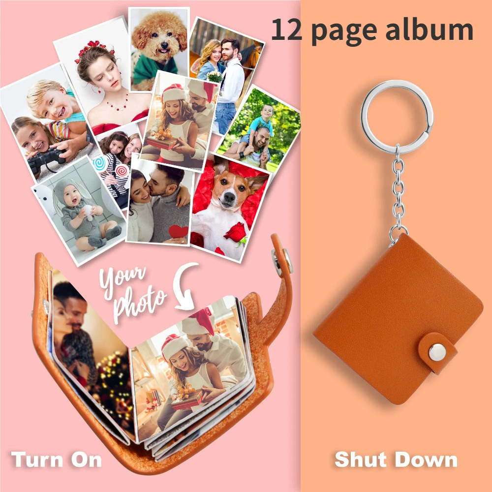 Customized 12 Pages Mini Picture Book Keychain Personalized Photo Album Leather Lovers Gift  Keyrings Diy Jewelry Wallet Pendant